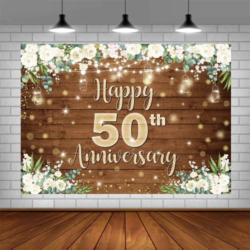 Miniatura 8 de AIBIIN Telón de fondo de feliz aniversario de 7 x 5 pies para parejas que saludan a 50 años, decoración de fiesta de cumpleaños, flores blancas