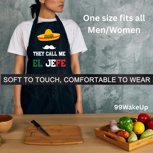Miniatura 4 de They Call Me El Jefe - Delantal de cocina estilo mexicano, negro, talla única para todos los hombres y mujeres