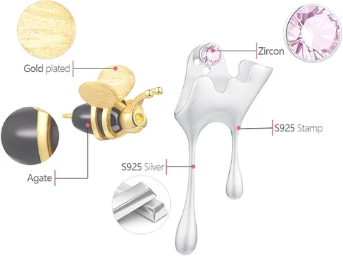 Miniatura 3 de Regalo para San Valentín, aretes de plata de ley 925 abeja y miel goteando, aretes asimétricos creativos hechos a mano, joyería única, regalos