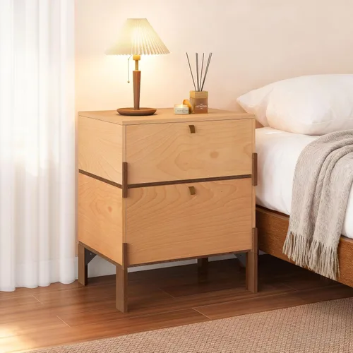 Miniatura 5 de Mesita de noche de 23 pulgadas, mesa de noche de fácil montaje con 2 cajones de almacenamiento, mesa auxiliar de madera estilo mediados de siglo