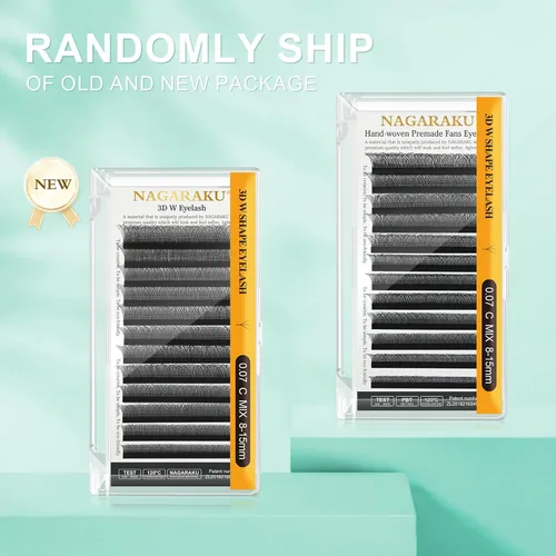 Miniatura 9 de NAGARAKU Extensión de pestañas en forma de W en 3D 5 bandejas en 1 paquete, volumen 0.07mm, rizado D, 9/10/11/12/13mm, abanico prefabricado