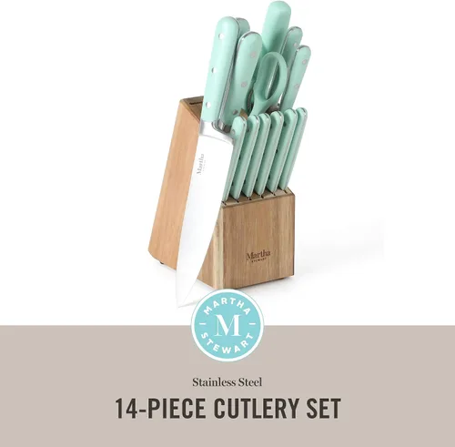 Miniatura 2 de Martha Stewart Eastwalk - Juego de 14 cuchillos de acero inoxidable de alto carbono con mango forjado triple remachado de ABS, bloque de madera