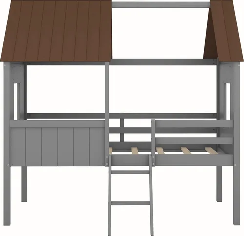 Miniatura 4 de Quarte Fun House - Cama con techo y dos ventanas laterales, cama baja de madera tamaño individual con escaleras pequeñas y barandilla, para niños