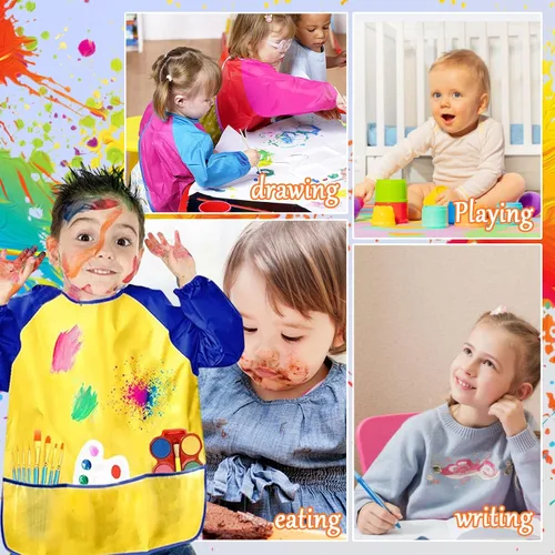 Miniatura 4 de 12 batas de arte para niños pequeños, impermeables, para pintar, delantales coloridos para niños, manga larga con 3 bolsillos espaciosos