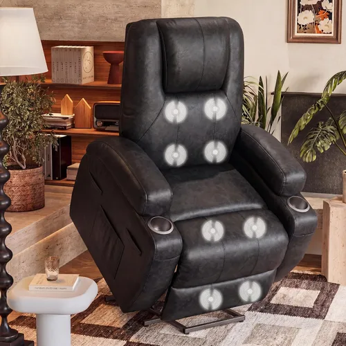 Miniatura 11 de Furmax Silla reclinable eléctrica con masaje para personas mayores, tela de pana, sillón reclinable individual con portavasos, bolsillos laterales