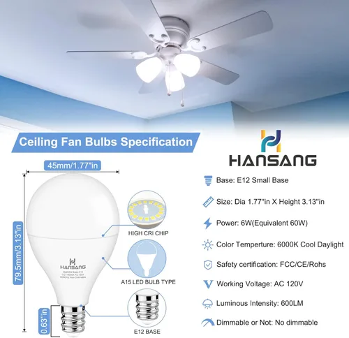 Miniatura 3 de Paquete de 8 bombillas para ventilador de techo, base E12, equivalente a 60 vatios, luz diurna fría de 6000 K, bombillas A15 con base de candelabro