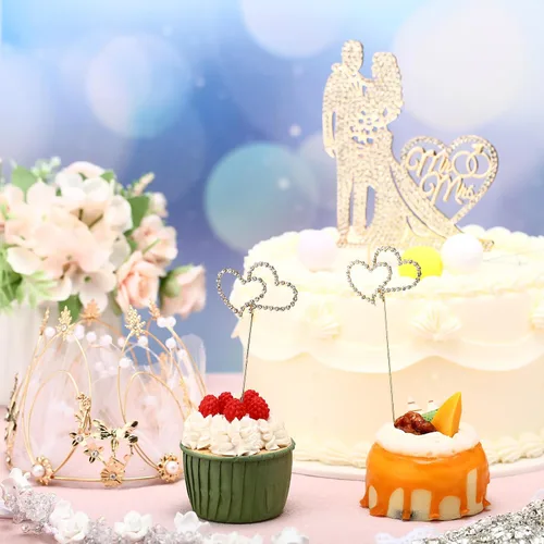 Miniatura 5 de Spiareal 4 piezas Decoración para tarta de boda de señor y señora con diamantes de imitación, novia y novio, corazón de amor, decoración de pastel