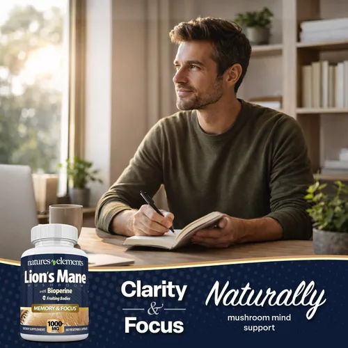 Miniatura 3 de Natures Elements Hongo melena de león con BioPerine – Extracto 10:1 – 1000 mg melena de león + 10 mg de bioperina – 30% polisacáridos – 60 cápsulas