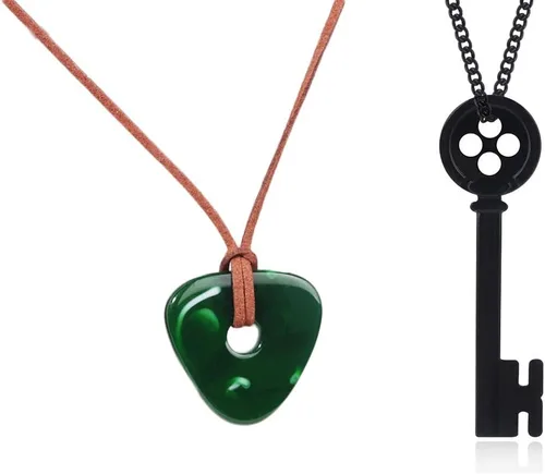 Miniatura 10 de Collar de piedra verde con llave de Coraline para Halloween, cosplay, disfraz de coralina, llavero negro, colgante de botón, cadena de suéter