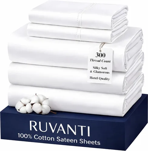 Miniatura 37 de RUVANTI Juego de sábanas de 100 % algodón tamaño matrimonial, tejido de satén suave y sedoso de 300 hilos, refrescante, ligero y transpirable, Beige