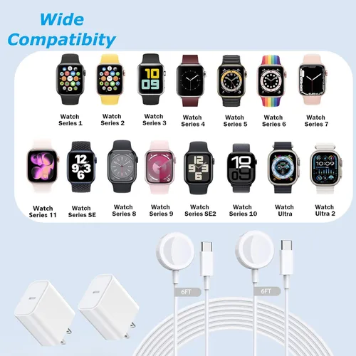 Miniatura 7 de Carga rápida para cargador de Apple Watch, paquete de 2 bloques de cargador PD USB C Fast iWatch con cable inalámbrico magnético de 6 pies
