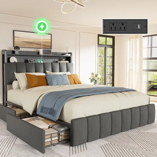 PRAISUN Base de cama de tamaño matrimonial con cabecera tapizada y estación de carga, marco de cama de metal de tamaño matrimonial con 4 cajones de