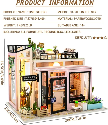 Miniatura 2 de Spilay Kit de casa de muñecas en miniatura con muebles de madera, kit de casa de muñecas de bricolaje con prueba de polvo y movimiento musical