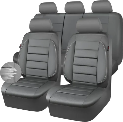 Miniatura 7 de CAR PASS Juego completo de fundas de asiento de cuero, universal, resistentes al agua, soporte de respaldo de espuma 3D, comodidad de lujo, 5 Gris