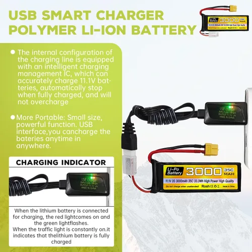 Miniatura 3 de 3S Lipo Batería 11.1 V 3000 mAh 35C con enchufe XT60 con cable de carga USB para RC Car Truck RC Barco Quadcopter FPV Drone