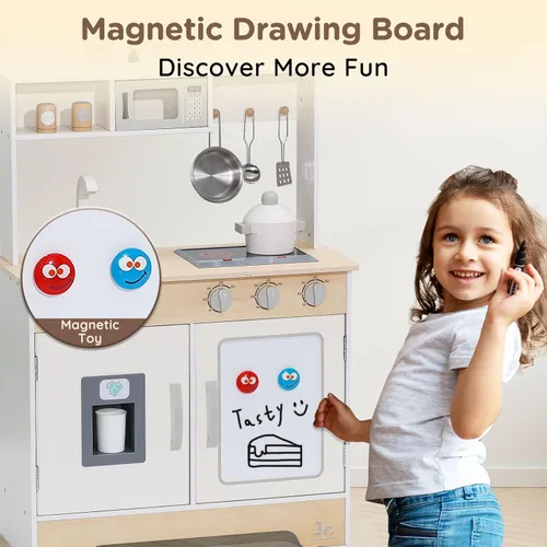 Miniatura 5 de SainSmart Jr. Cocina de madera de juguete para niños - Juego de cocina de jugar premium para niños pequeños - Incluye estufa, refrigerador y Blanco
