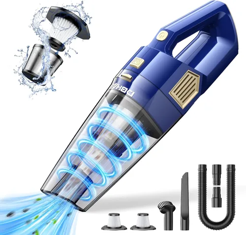 Aspiradora de mano inalámbrica, 15000 PA, potente aspirador de succión para automóvil, ligero con múltiples accesorios, aspiradora de mano para Azul