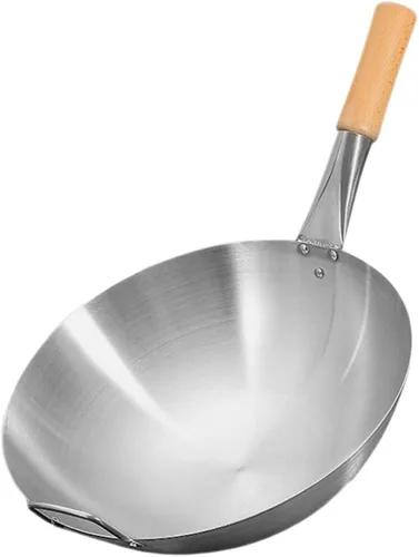 Happyyami Wok tradicional de acero al carbono martillado a mano con mango auxiliar de madera y acero, wok de acero inoxidable, sartén de cocina para