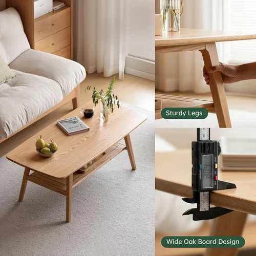 Miniatura 3 de Mesa de centro 100% de madera de roble macizo para sala de estar, mesas de centro pequeñas de 2 niveles con almacenamiento en estantes, mesa moderna