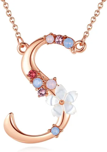 Collar Gemmance de flor, con inicial, de amatista, rosa, rubí rojo, ópalo azul, perla sintética, con nombre, de joyería, hecha con cristales de