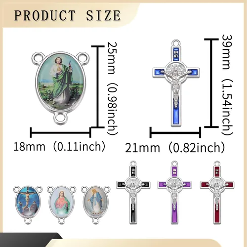 Miniatura 2 de Juego de 60 unidades de 30 piezas de rosario, cruz y centro de medalla, dijes de aleación, esmalte de religión, imagen de Jesús, Virgen