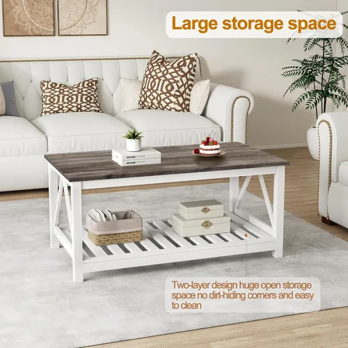 Miniatura 4 de Mesa de café de granja, mesa de café de roble blanco para sala de estar, mesa de centro rectangular de madera de 2 niveles con estante de listones