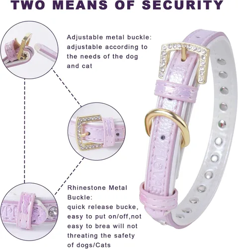 Miniatura 5 de Collar para perro de cuero brillante con diamantes de imitación tachonados, accesorio glamoroso de hebilla dorada para perros pequeños a medianos