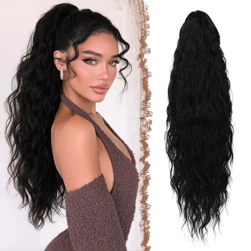 Miniatura 26 de FESHFEN Extensiones de cola de caballo – 26 pulgadas cordón largo rizado ondulado clip en colas de caballo pelo sintético extensiones de cola