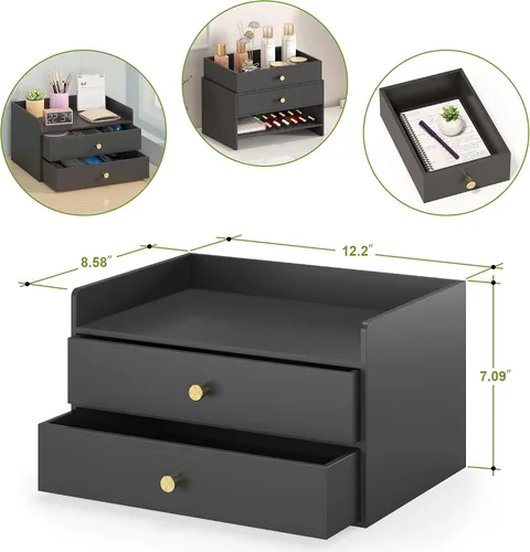 Miniatura 3 de Organizador de escritorio de bambú con cajones, cajones de almacenamiento de escritorio de madera para facturas, suministros de oficina, utensilios