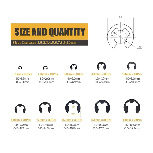 Miniatura 2 de Juego surtido de 300 piezas de acero aleado negro E Clip E-Clip Anillo de retención externo (M1.5-M10,300 PCS)