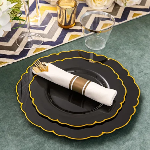 Miniatura 6 de Morejoy 175 platos de plástico de oro negro, plato negro con servilletas enrolladas: 50 platos, 25 cucharas, 25 tenedores, 25 cuchillos, 25 tazas