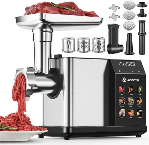 Miniatura 8 de AAOBOSI Picadora de carne eléctrica de 3000 W máx. con pantalla táctil a color, inversión automática y almacenamiento integrado, 3 ajustes
