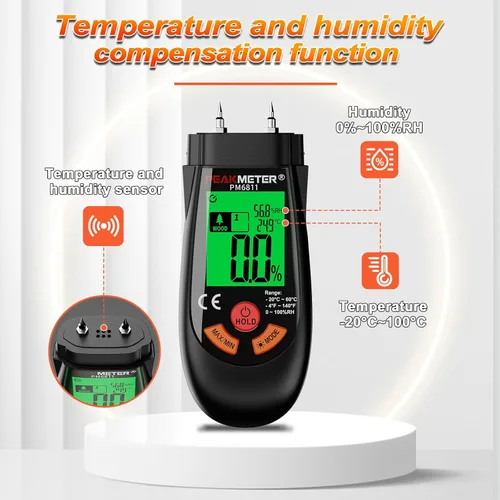 Miniatura 5 de Medidor de humedad de madera, con función de temperatura y humedad, adecuado para la determinación rápida del contenido de humedad de muchos tipos