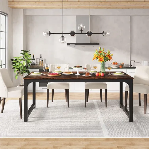 Miniatura 4 de LITTLE TREE Mesa de comedor rectangular de 78.7 pulgadas para 6 a 8 personas, color marrón