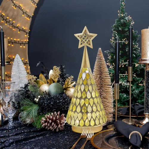 Miniatura 3 de Árbol de Navidad de vidrio con mosaico dorado con estrella, 2 piezas de árboles de Navidad pequeños de mesa con luz, árbol de Navidad a