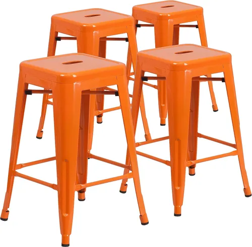 Miniatura 20 de Taburete de 24 pulgadas de alto para interior y exterior con asiento cuadrado., Metal, Negro