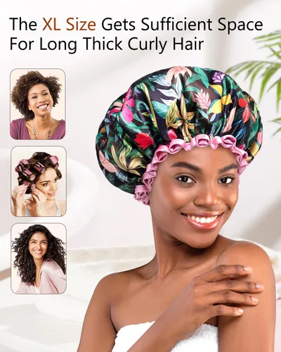 Miniatura 5 de mikimini Gorro de ducha grande para mujer, de pelo largo, con encaje rosa, reutilizable, impermeable, para niñas