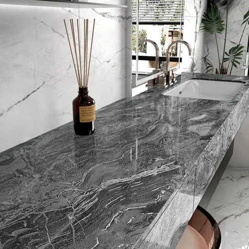 Papel de contacto de mármol negro plateado para encimeras, papel tapiz despegable y adhesivo, papel de contacto decorativo para gabinetes, papel