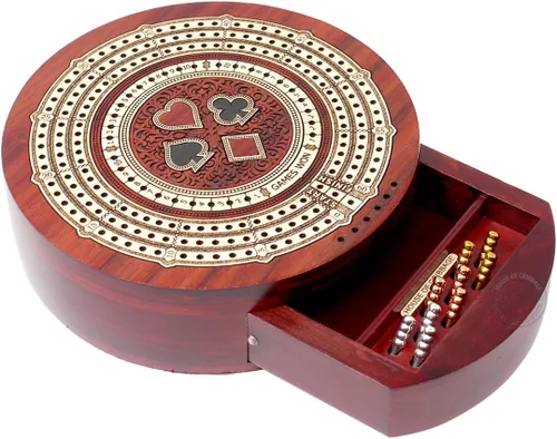 House of Cribbage - Tabla de cuna de 3 pistas de forma redonda no continua - Almacenamiento de cajones para clavijas y 1 baraja de cartas con campos