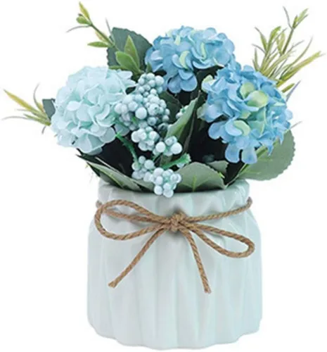 Hortensias falsas con maceta, mini hortensias artificiales en jarrón de cerámica para decoración de escritorio de oficina (azul)