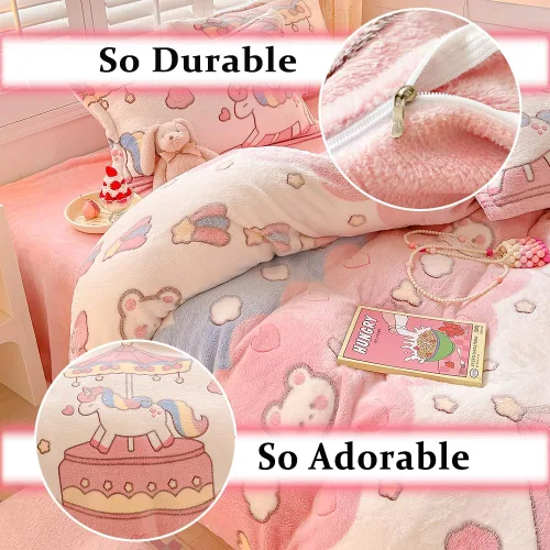 Miniatura 4 de Juego de funda de edredón de carrusel para niños, juego de ropa de cama kawaii rosa, tamaño Twin, funda de edredón y cobertor esponjosa con copos