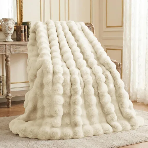 Miniatura 11 de L'AGRATY - Manta de piel sintética de 50" x 60" de lujo, suave y esponjosa, de pelo de conejo, para cama, sofá o diván - Manta mullida y decorativa