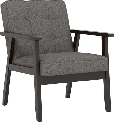 Miniatura 16 de Silla decorativa moderna con reposabrazos, silla de ocio tapizada de tela de lino con botón de respaldo y marco de madera para sala de estar, Beige