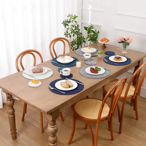 Miniatura 7 de SHACOS Juego de 6 manteles individuales redondos tejidos de cuerda de algodón con posavasos, manteles individuales para mesa de cocina de 13 Azul