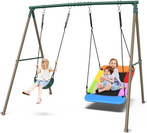 Hapfan Juegos de columpios para patio trasero con columpio de platillo de plataforma de 45 pulgadas y columpio de cinturón, conjunto de columpios de