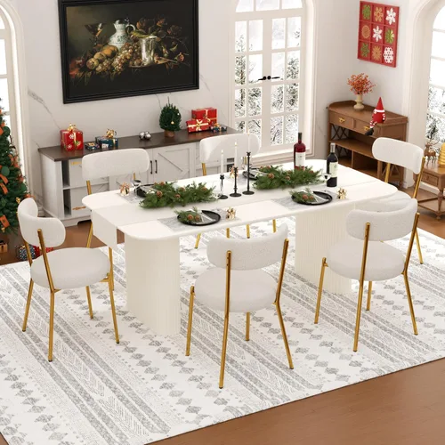 Miniatura 16 de Juego de mesa de comedor ovalada negra moderna de 70.9 pulgadas para 4, mesa de cocina rectangular estilo crema con sillas negras Boucle, juego