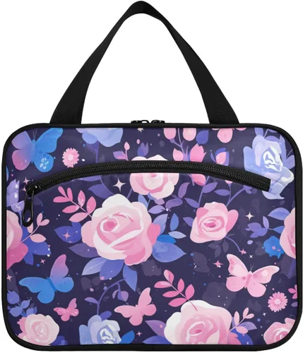 Purple Peach Elegant Blooms bolsas de aseo de viaje colgantes para mujeres con gancho, bolso esencial de diseñador para el cuidado de la piel para
