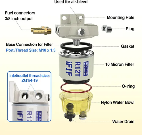 Miniatura 7 de iFJF Separador de agua y combustible R12T Marine 120AT NPT ZG1/4-19 Piezas automotrices con accesorio - Filtro combinado completo para motor diesel