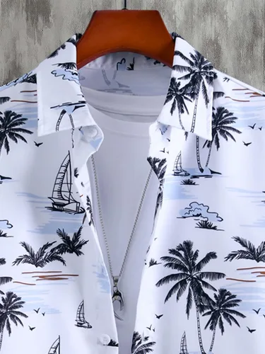 Miniatura 3 de Cozyease Conjunto de camisa hawaiana y pantalón corto para hombre, conjunto casual de 2 piezas, camisa floral con botones y pantalones cortos