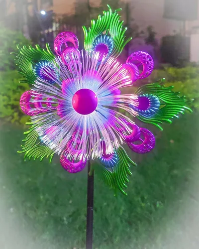 Molinillos solares de viento de pavo real para patio y jardín, escultura de viento de metal de 40 pulgadas, molino de viento cinético con luces LED
